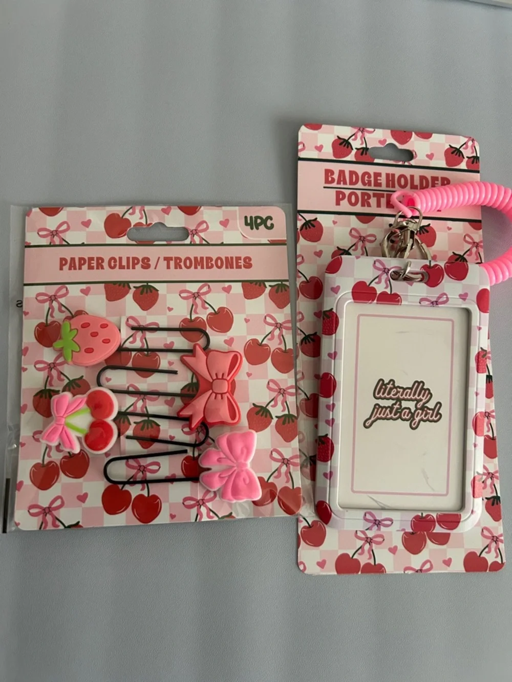 Just a girl pink Strawberry & Bow Kids Paper Clips and Badge Holder Set NWT